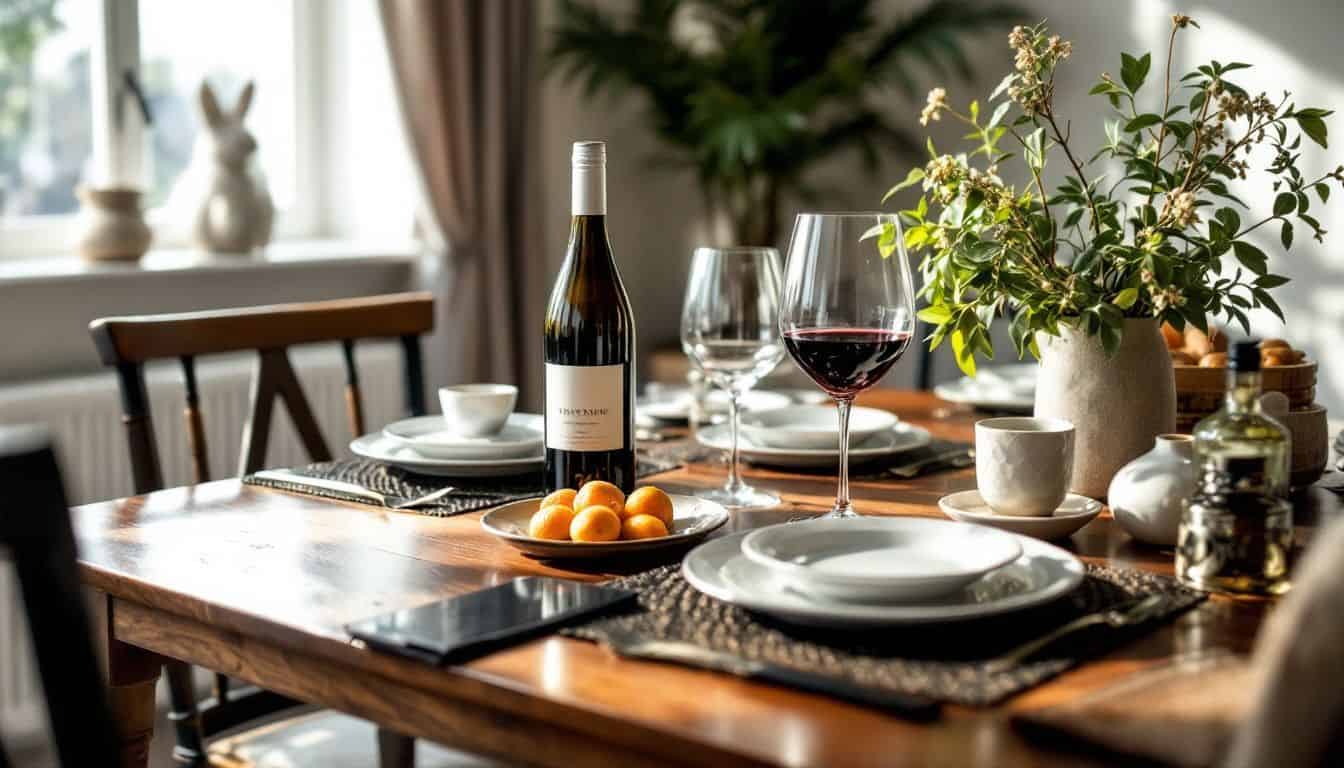 A beautifully arranged dinner table with fine dinnerware and expensive wine. A beautifully arranged dinner table with fine dinnerware and expensive wine.