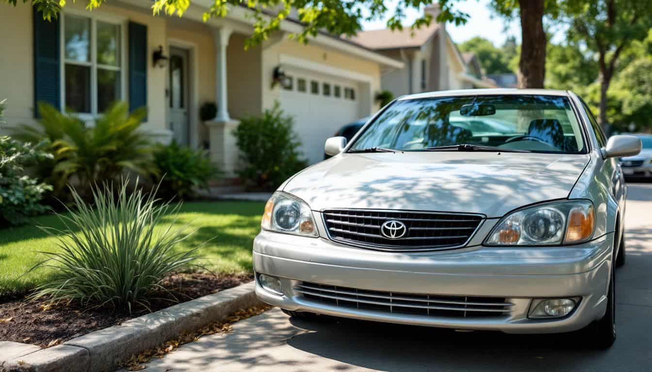 A modest Toyota parked in front of a cozy suburban home. A modest Toyota parked in front of a cozy suburban home.