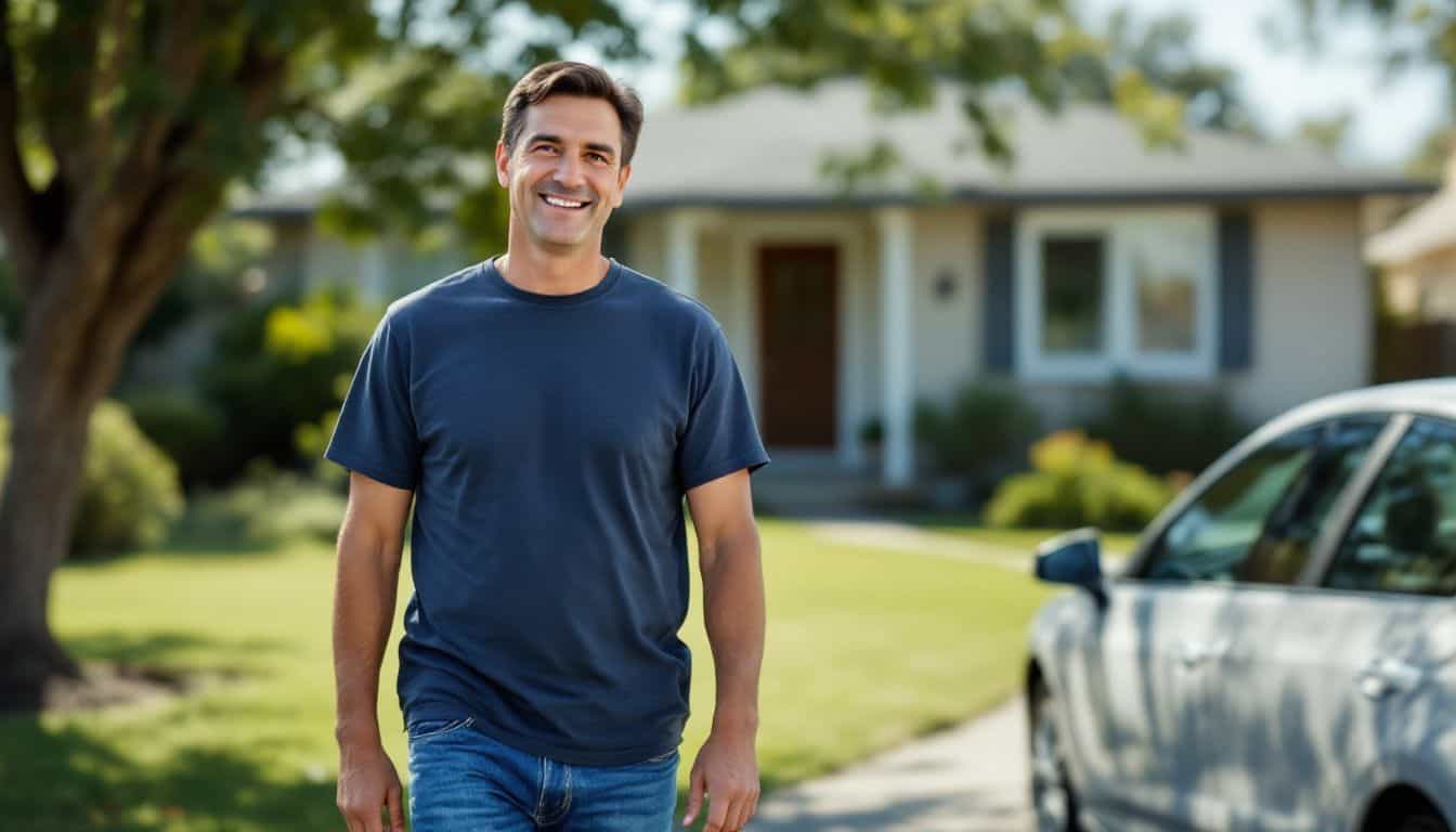 A middle-aged man in casual attire walking towards a suburban house. A middle-aged man in casual attire walking towards a suburban house.
