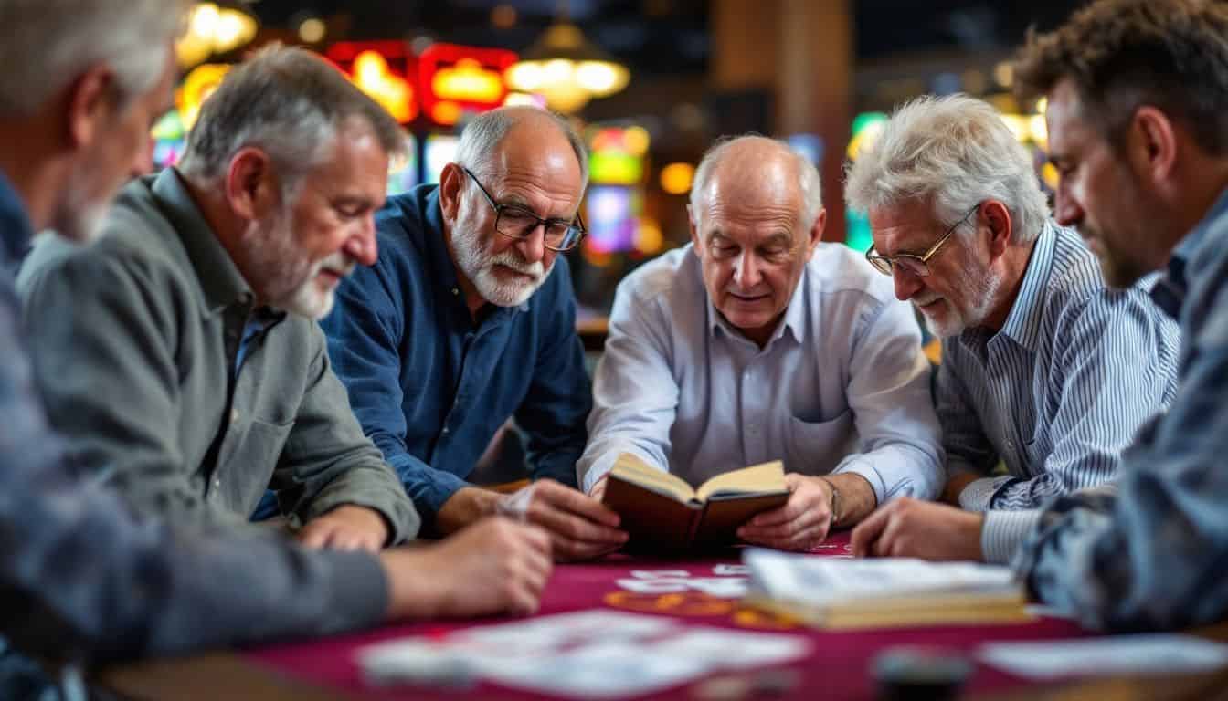 A group of adults practicing card counting and studying casino strategy. A group of adults practicing card counting and studying casino strategy.