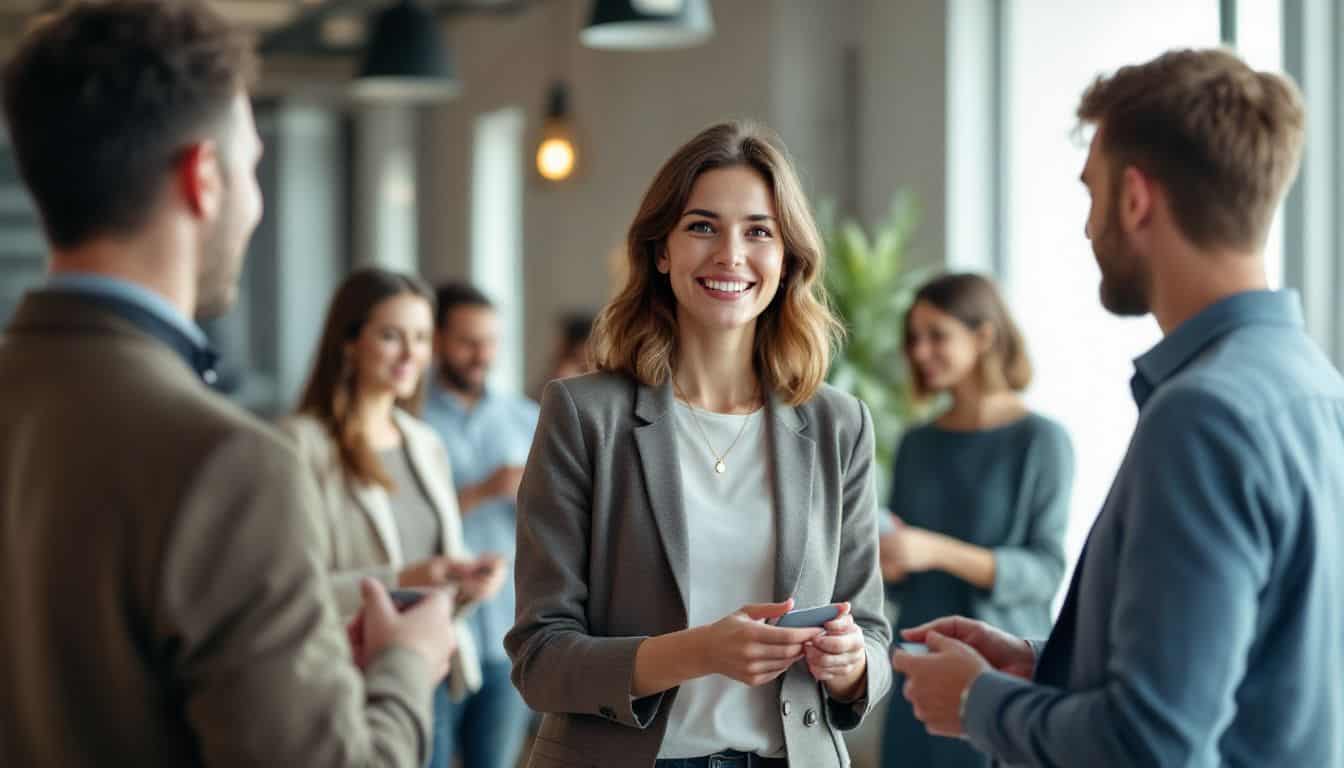 A woman networking with professionals at a conference. A woman networking with professionals at a conference.