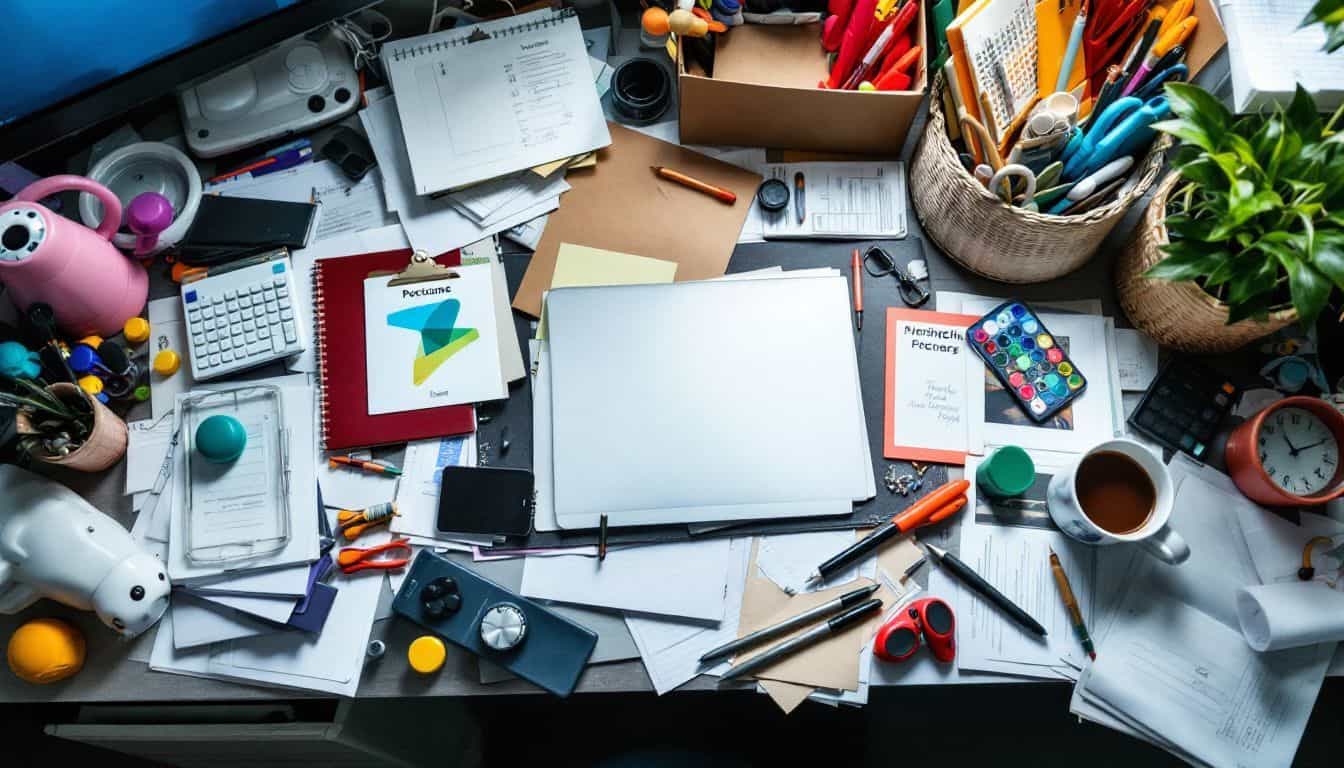 A cluttered desk reflects a lack of preparation and organization. A cluttered desk reflects a lack of preparation and organization.