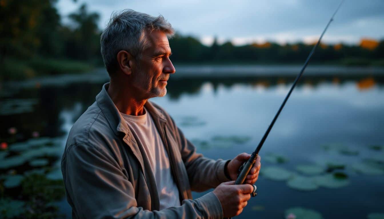 A middle-aged man is peacefully fishing by a calm lake at dusk. A middle-aged man is peacefully fishing by a calm lake at dusk.