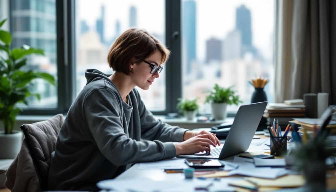 A person working at a cluttered desk with multiple electronic devices. A person working at a cluttered desk with multiple electronic devices.