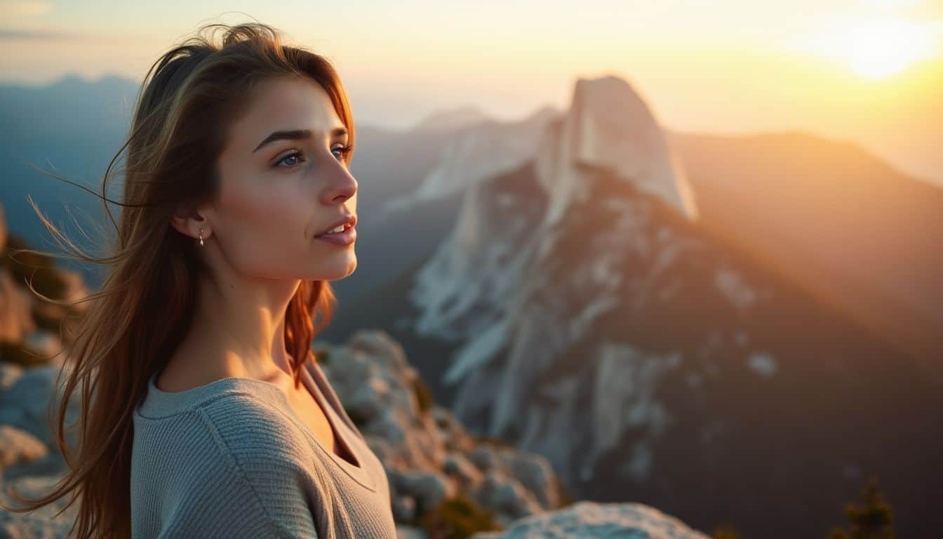 A young woman stands on a mountain summit at sunrise, reflecting. A young woman stands on a mountain summit at sunrise, reflecting.