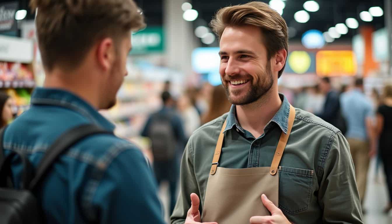 A man interacts kindly with a frustrated customer service representative in a busy store. A man interacts kindly with a frustrated customer service representative in a busy store.