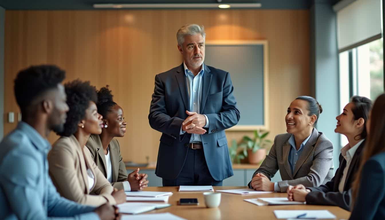 A senior executive leads a diverse team during a brainstorming session. A senior executive leads a diverse team during a brainstorming session.