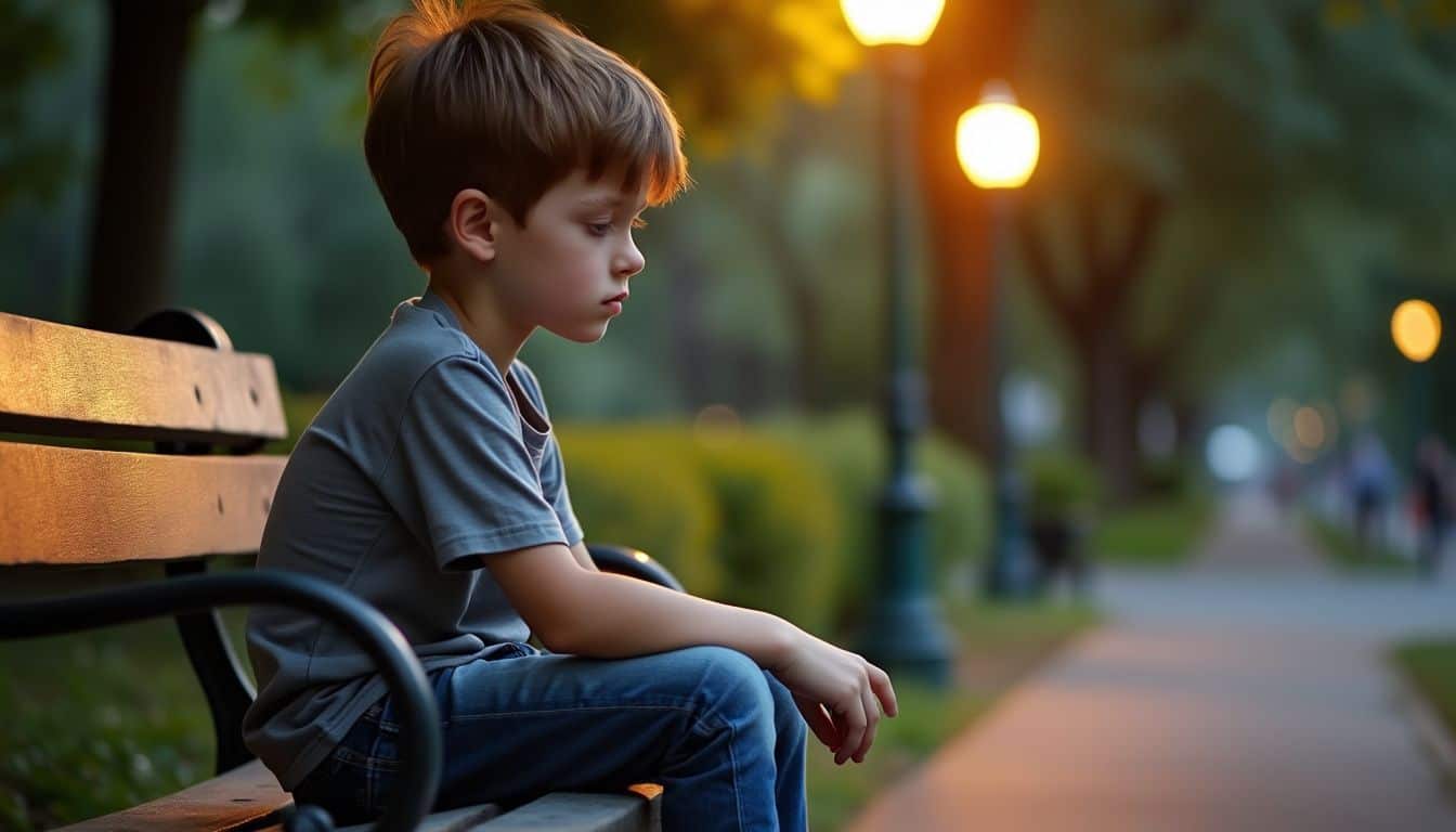 A young boy sits alone on a park bench, lost in thought. A young boy sits alone on a park bench, lost in thought.