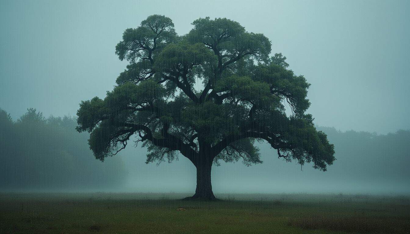 A strong oak tree stands tall in a misty forest clearing. A strong oak tree stands tall in a misty forest clearing.