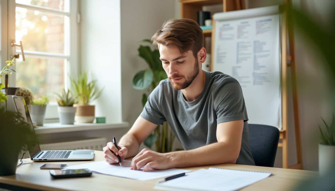 A man in his thirties seated at a tidy desk in a home office, crossing off items on a to-do list. A man in his thirties seated at a tidy desk in a home office, crossing off items on a to-do list.