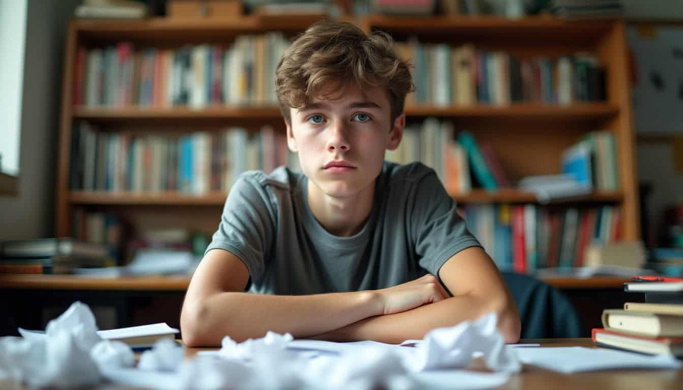 A teenage boy at a messy desk struggles with admitting a mistake. A teenage boy at a messy desk struggles with admitting a mistake.