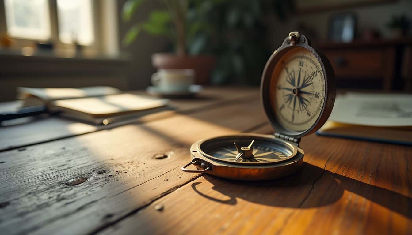 An old compass on a wooden desk in a softly lit room. An old compass on a wooden desk in a softly lit room.