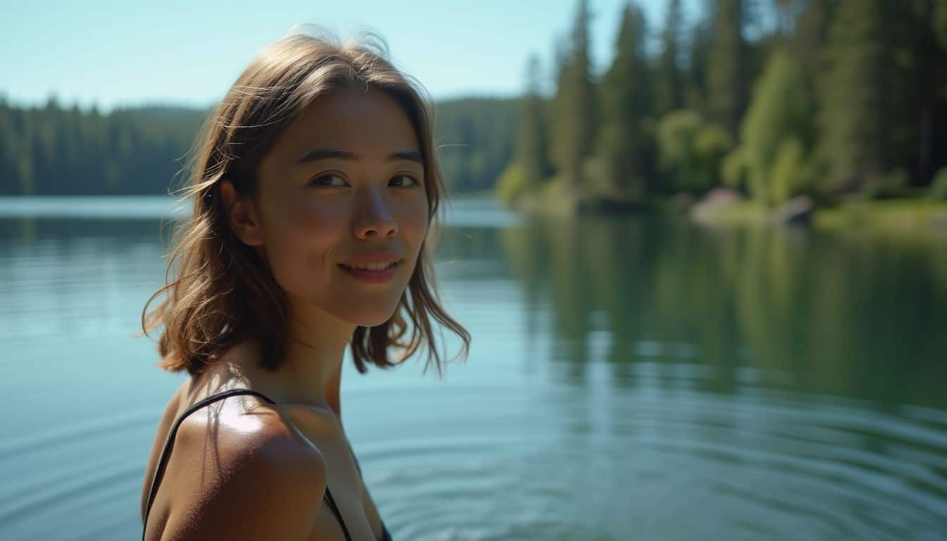 A young adult prepares to dive into a calm lake for a morning swim. A young adult prepares to dive into a calm lake for a morning swim.