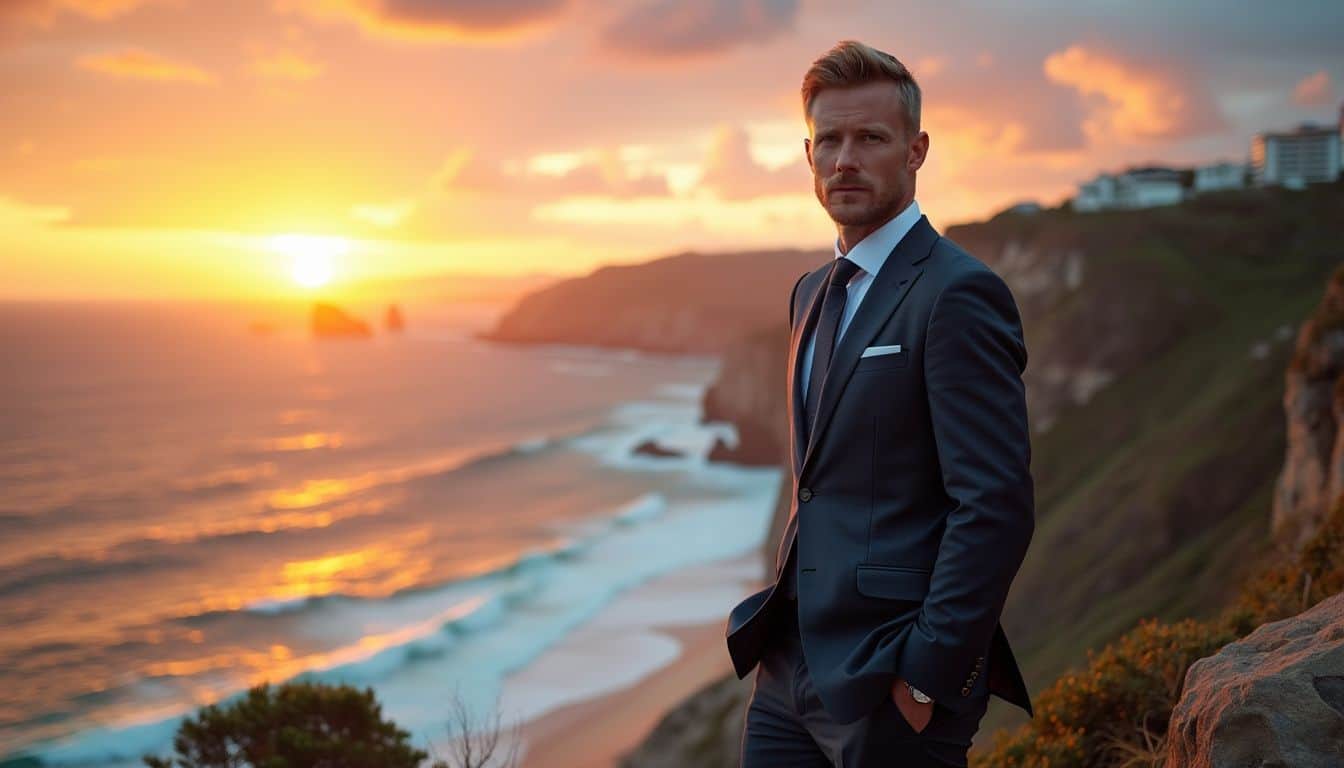 A confident man in a business suit standing on a rocky cliff overlooking the ocean at sunset. A confident man in a business suit standing on a rocky cliff overlooking the ocean at sunset.