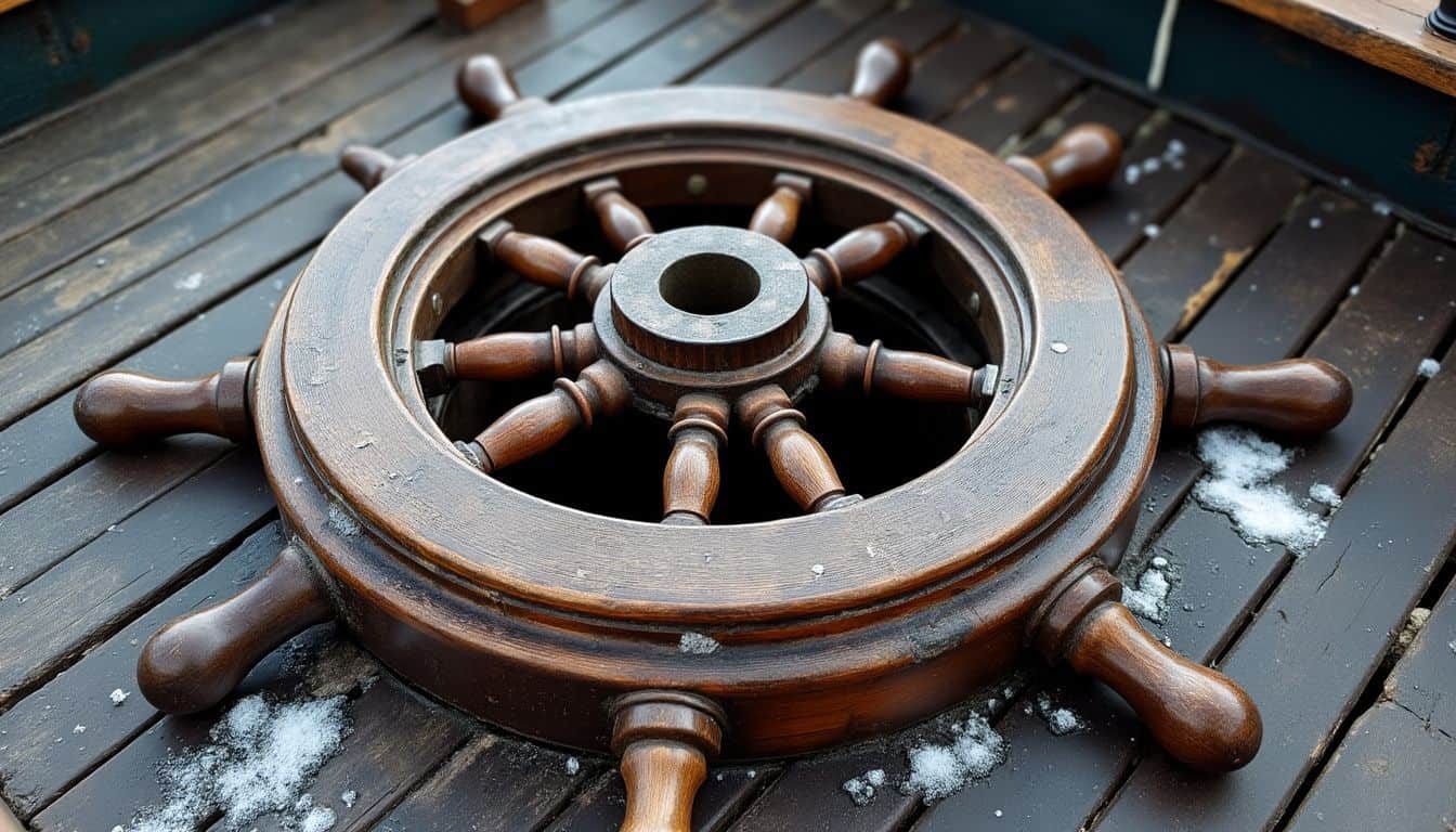 A weathered ship's wheel rests on a salt-covered deck. A weathered ship's wheel rests on a salt-covered deck.