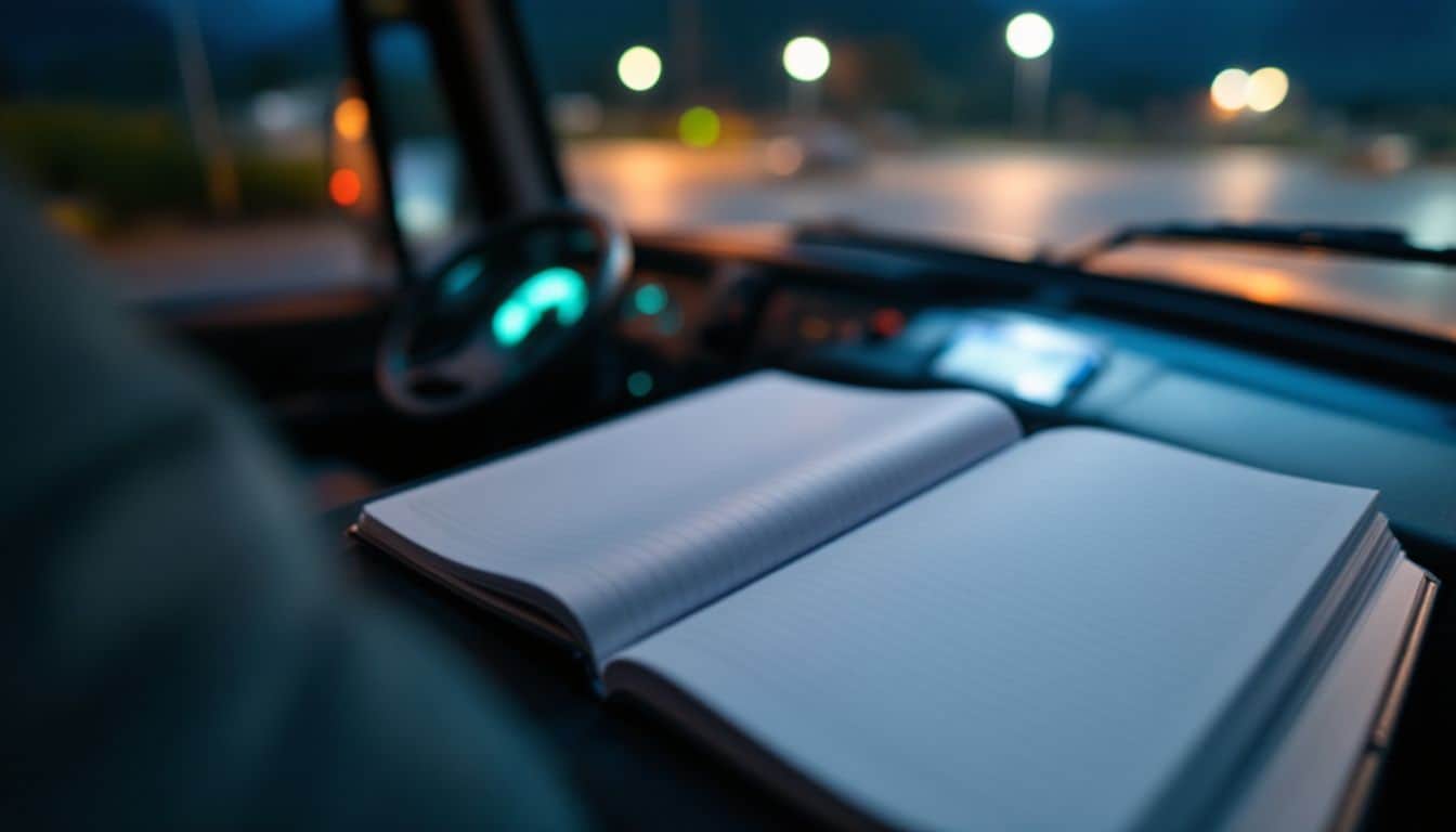 Neatly organized logbook placed on the dashboard of a truck cabin. Neatly organized logbook placed on the dashboard of a truck cabin.