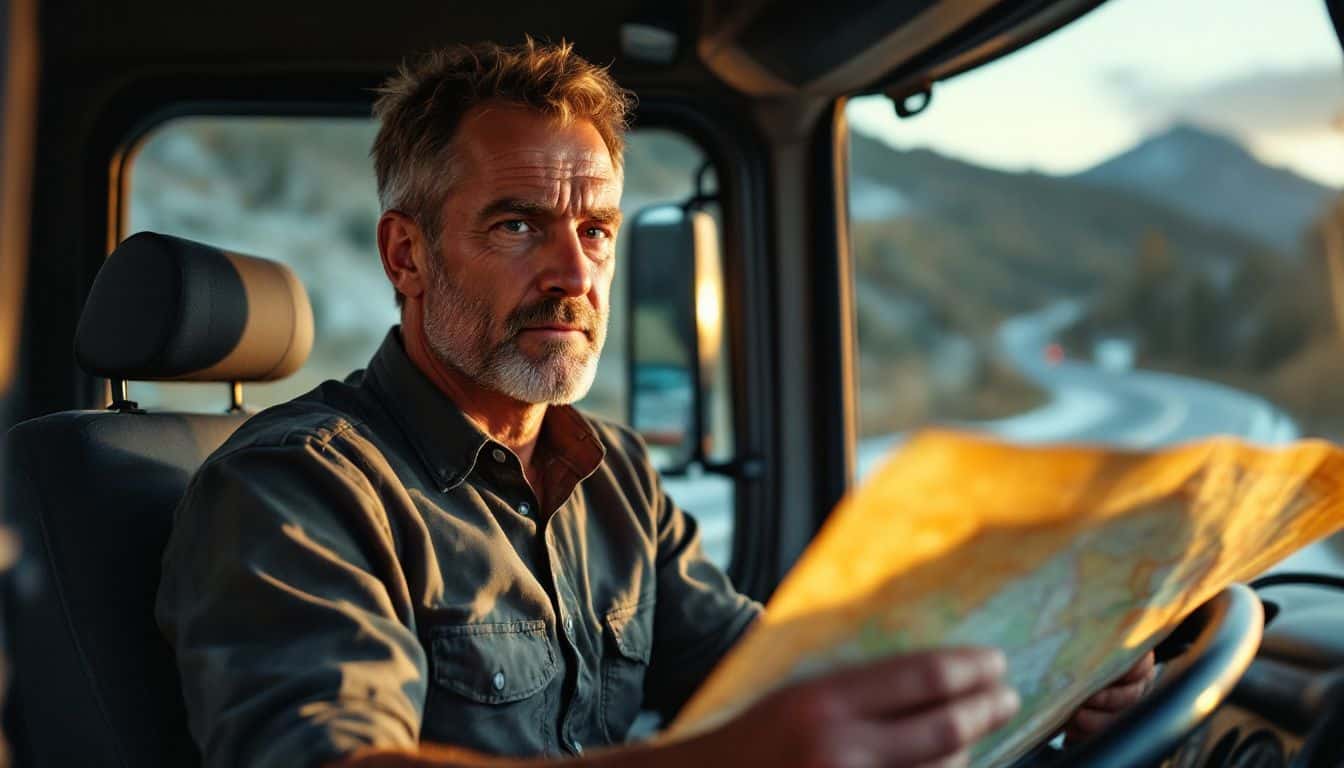 A middle-aged truck driver navigates a mountain road at sunset. A middle-aged truck driver navigates a mountain road at sunset.