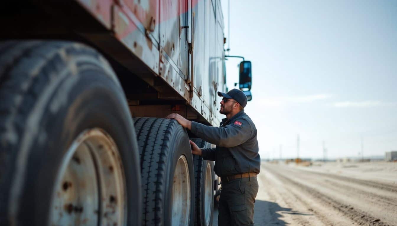 A worn semi-truck is being inspected by the driver at a truck stop. A worn semi-truck is being inspected by the driver at a truck stop.