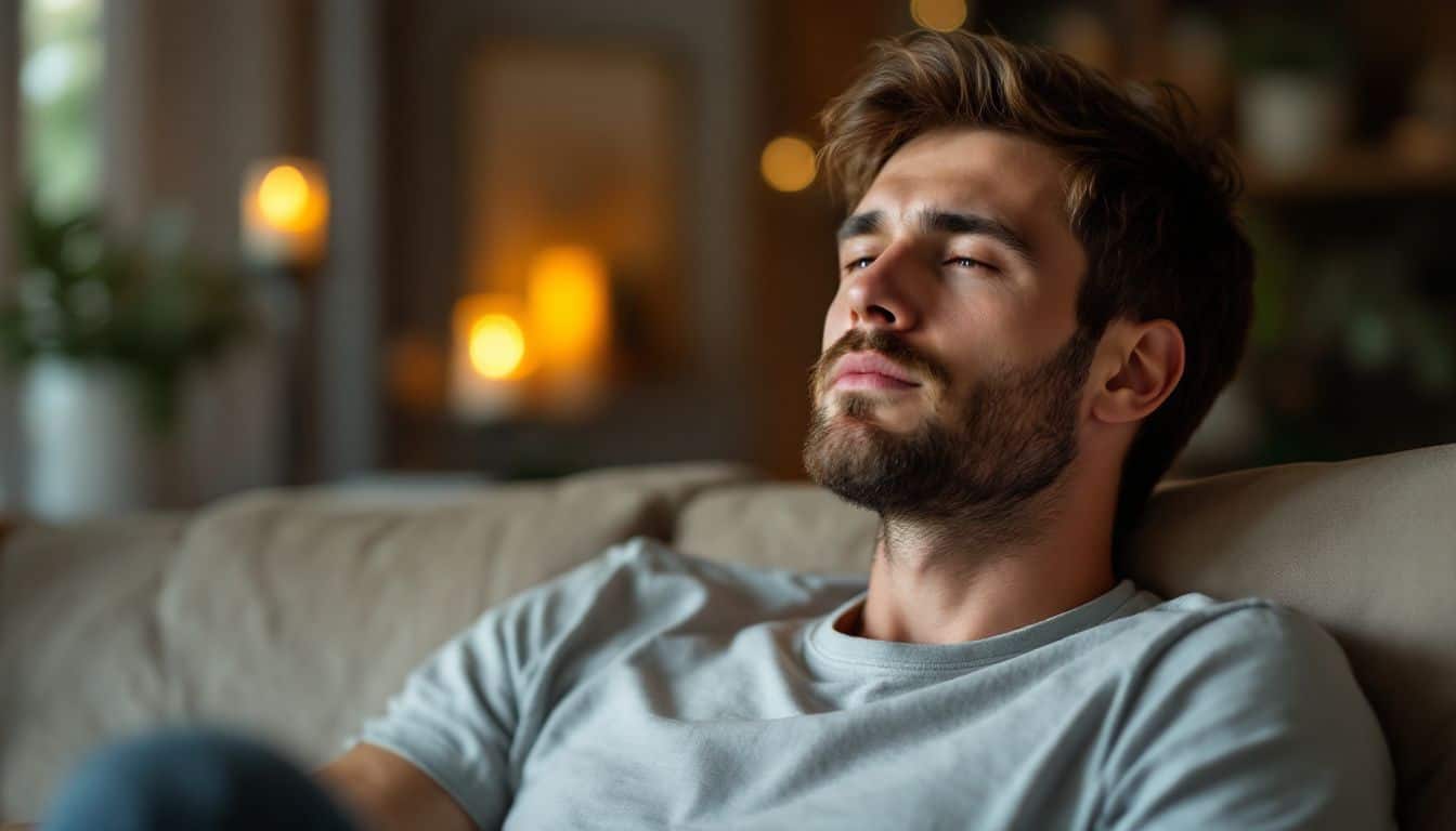 A man in casual clothes sits on a cozy couch, trying to relax. A man in casual clothes sits on a cozy couch, trying to relax.