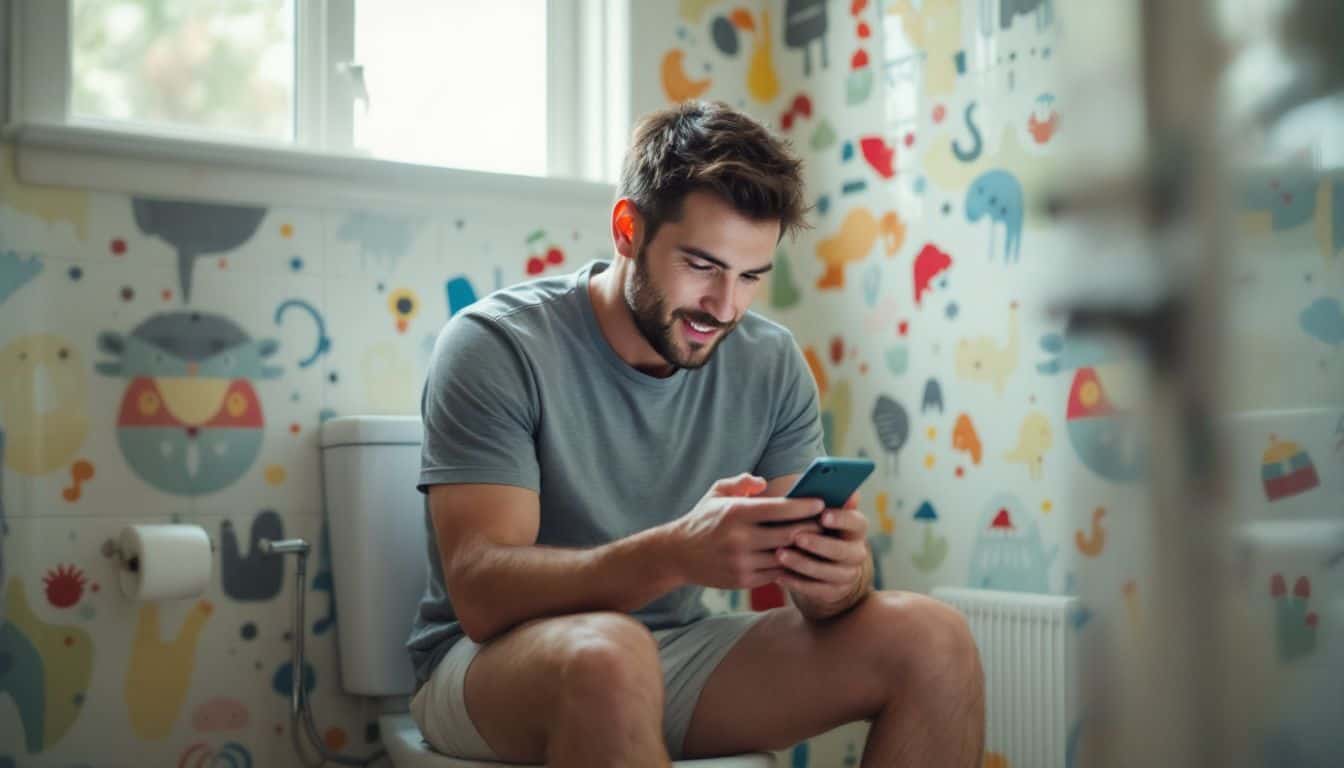 A man sitting fully clothed on a toilet, texting on his phone. A man sitting fully clothed on a toilet, texting on his phone.