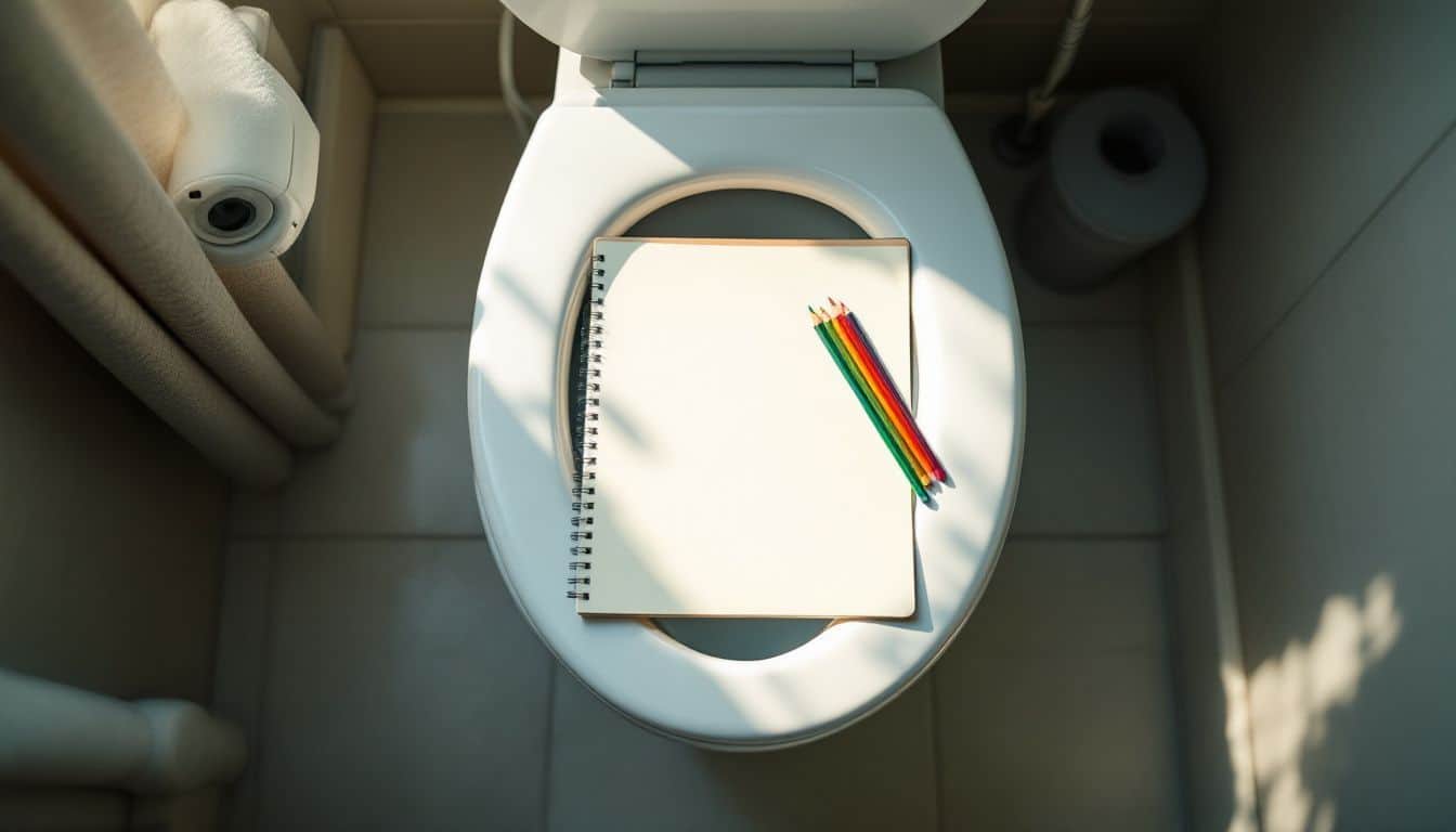 A cozy bathroom setup with a sketchpad and colorful pencils. A cozy bathroom setup with a sketchpad and colorful pencils.
