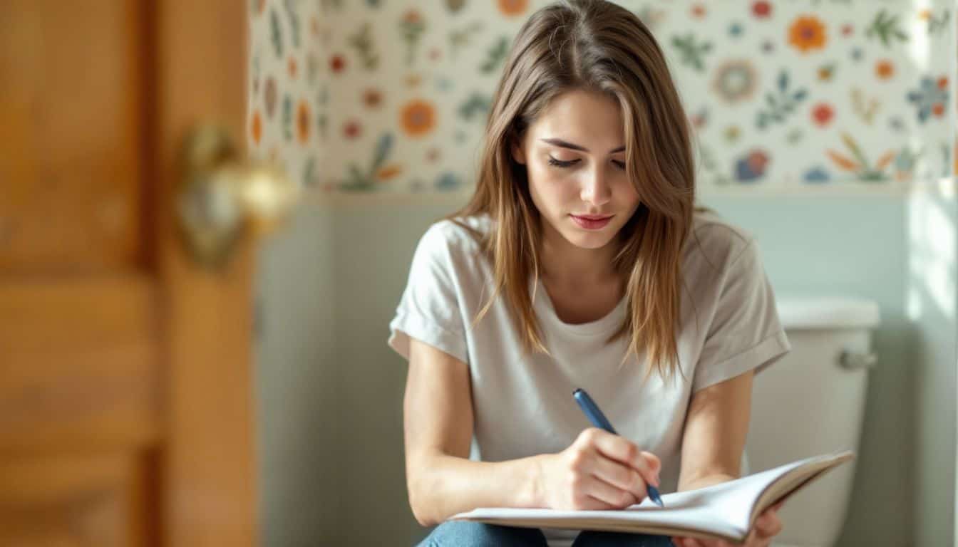 A young woman sits on a toilet, doodling in a notepad. A young woman sits on a toilet, doodling in a notepad.