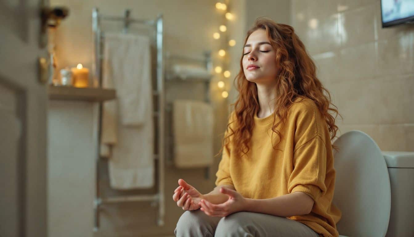A young adult practicing meditation in a serene bathroom environment. A young adult practicing meditation in a serene bathroom environment.