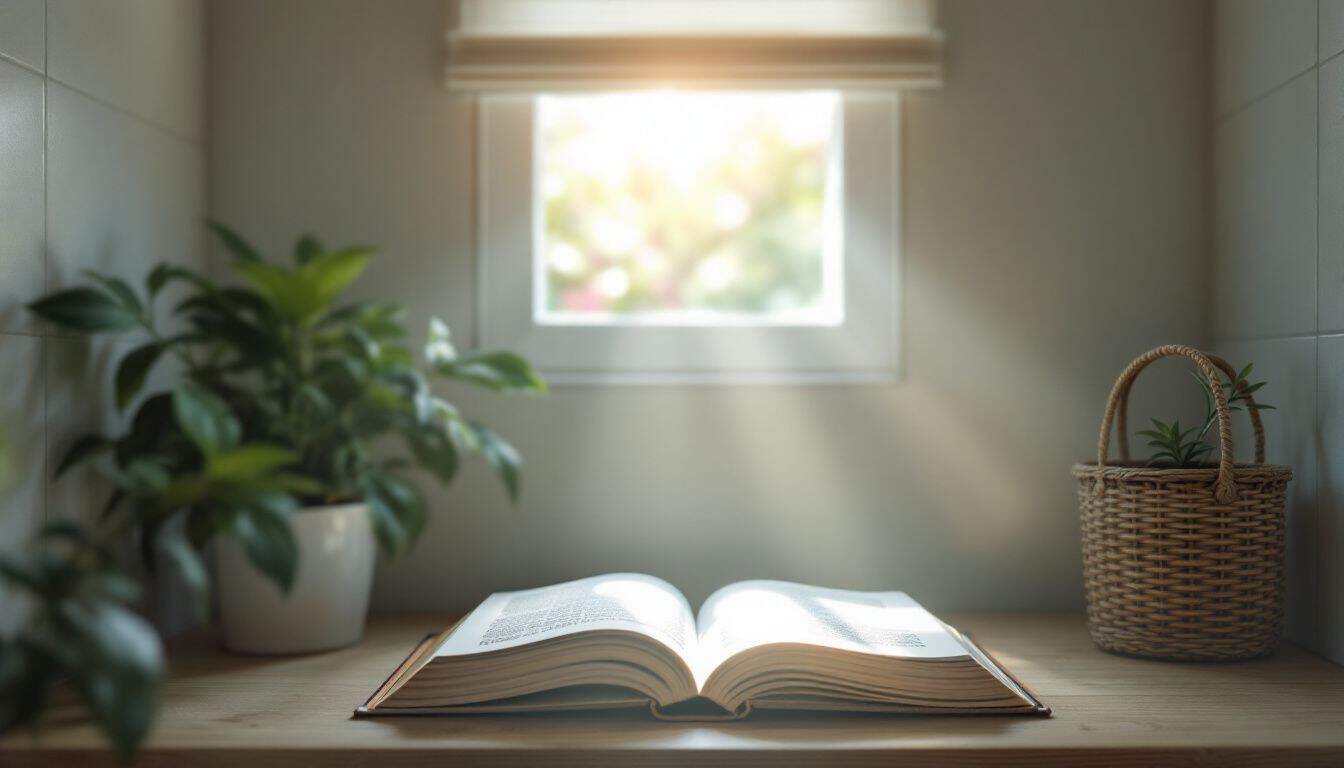An open book on a wooden shelf in a tranquil bathroom. An open book on a wooden shelf in a tranquil bathroom.
