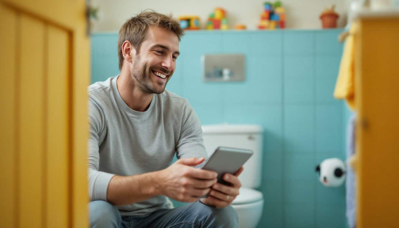 A man in his mid-30s enjoys playing a mobile game on a tablet while sitting on a toilet in a cheerful, playful bathroom. A man in his mid-30s enjoys playing a mobile game on a tablet while sitting on a toilet in a cheerful, playful bathroom.