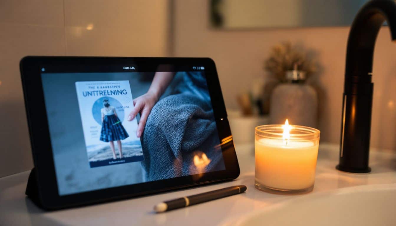 A modern bathroom with a digital tablet, scented candle, and book. A modern bathroom with a digital tablet, scented candle, and book.