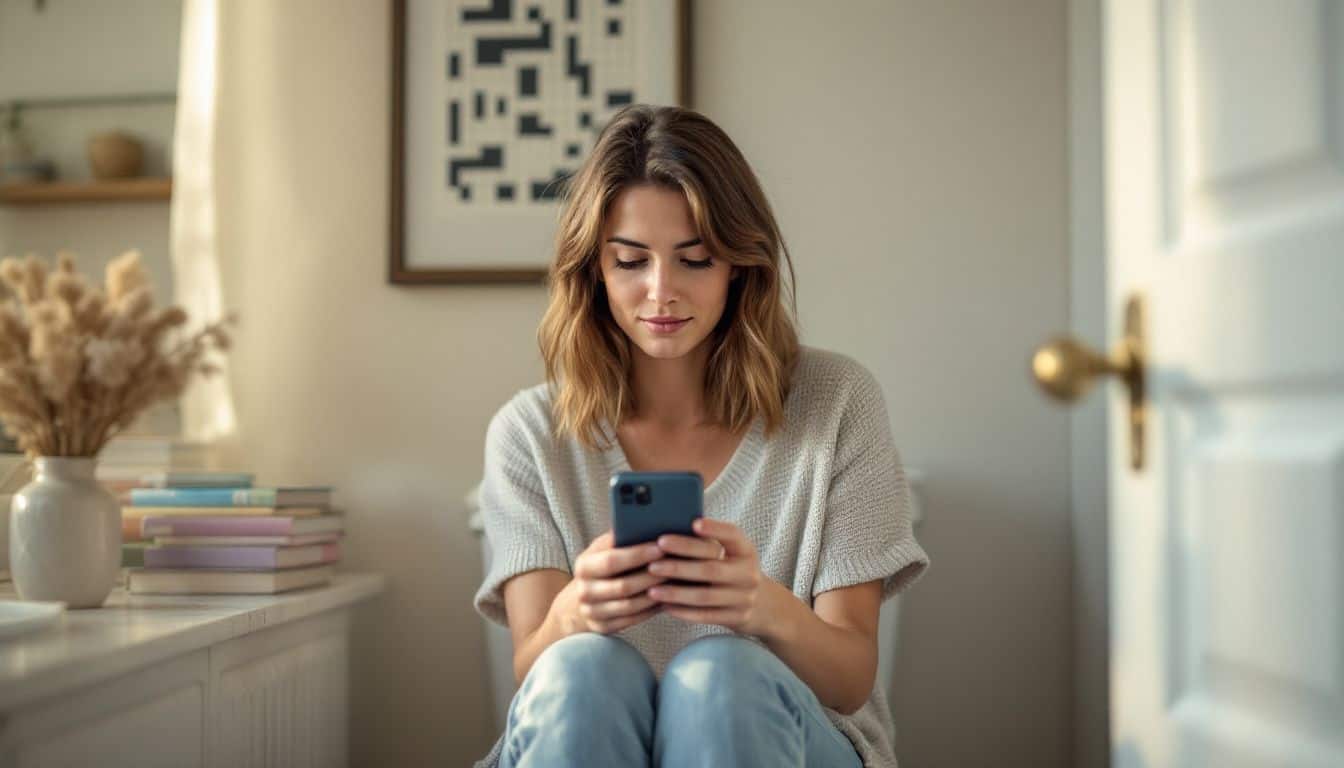 A woman in her 30s playing a mobile game in a cozy bathroom. A woman in her 30s playing a mobile game in a cozy bathroom.