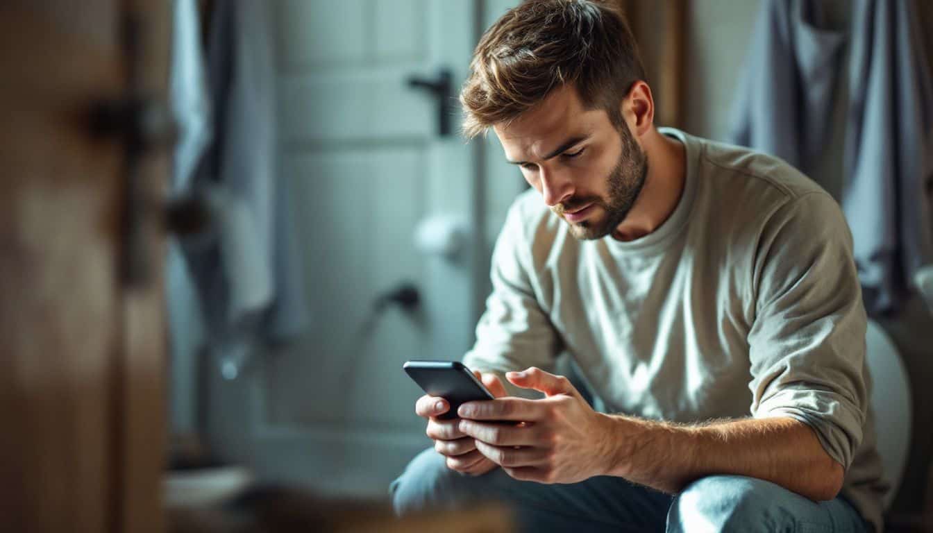 A man in his mid-30s is sitting on a toilet, sorting through emails on his smartphone in a cluttered bathroom. A man in his mid-30s is sitting on a toilet, sorting through emails on his smartphone in a cluttered bathroom.