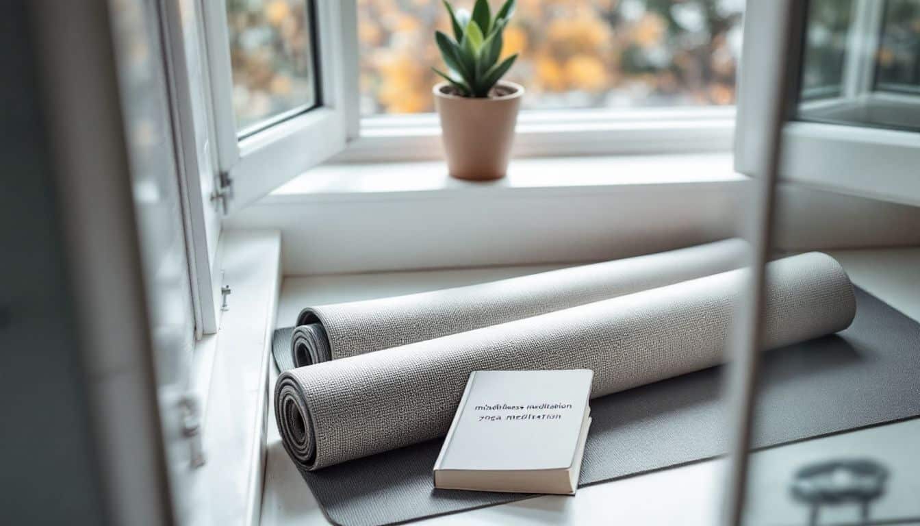 A serene and inviting bathroom with a rolled-out yoga mat and mindfulness book. A serene and inviting bathroom with a rolled-out yoga mat and mindfulness book.