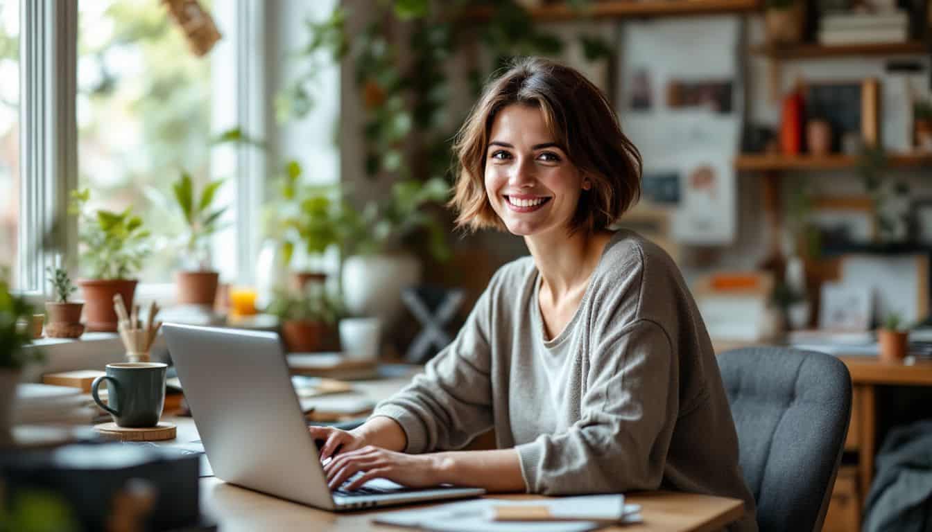 A person creating an online course in a cozy home office. A person creating an online course in a cozy home office.