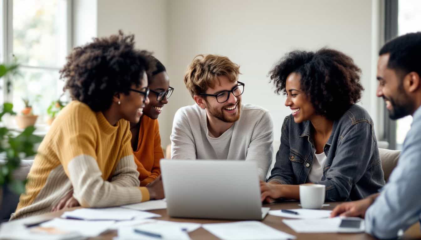 A diverse group of adults in a casual setting discussing Thinkific. A diverse group of adults in a casual setting discussing Thinkific.
