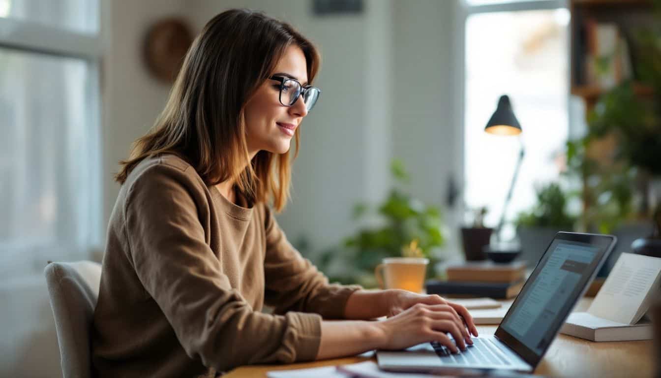 A woman in her 30s is working on creating a course on Thinkific. A woman in her 30s is working on creating a course on Thinkific.
