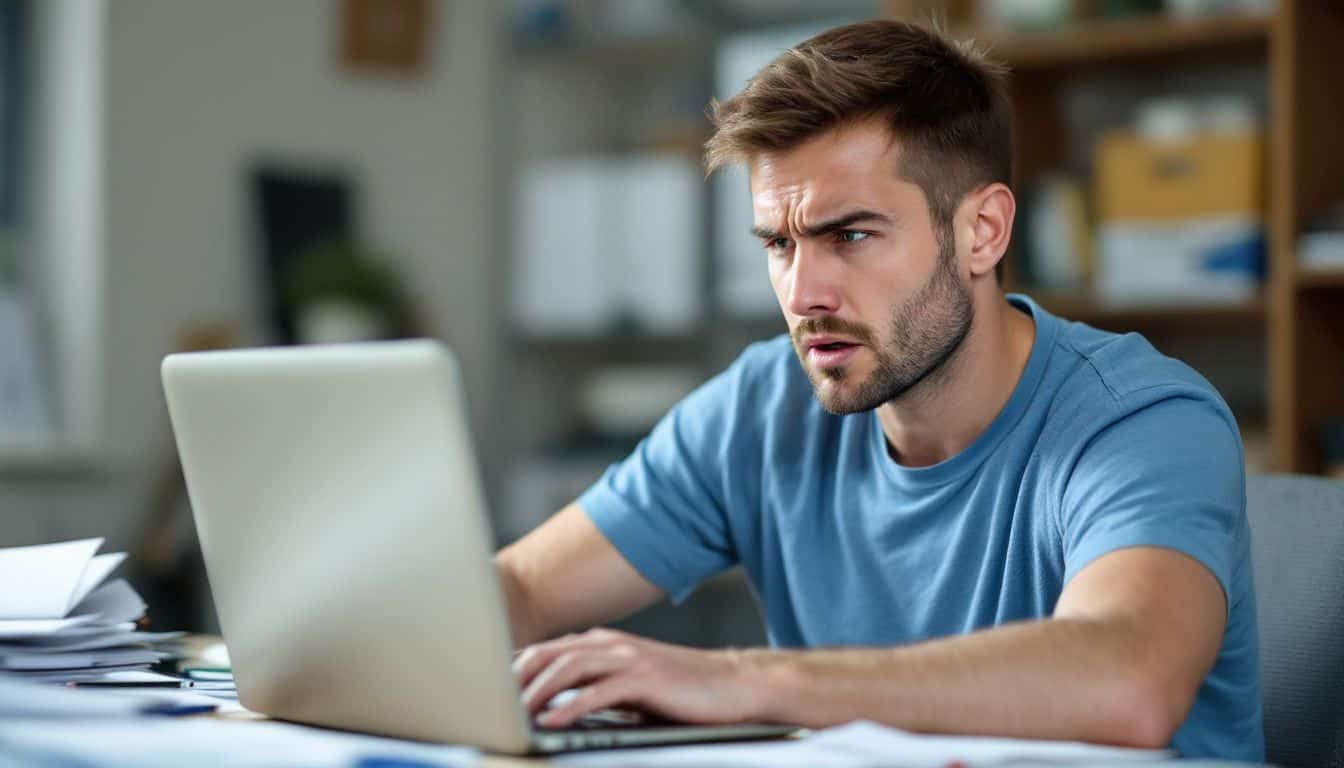 A frustrated man in his 30s sits at a cluttered desk. A frustrated man in his 30s sits at a cluttered desk.