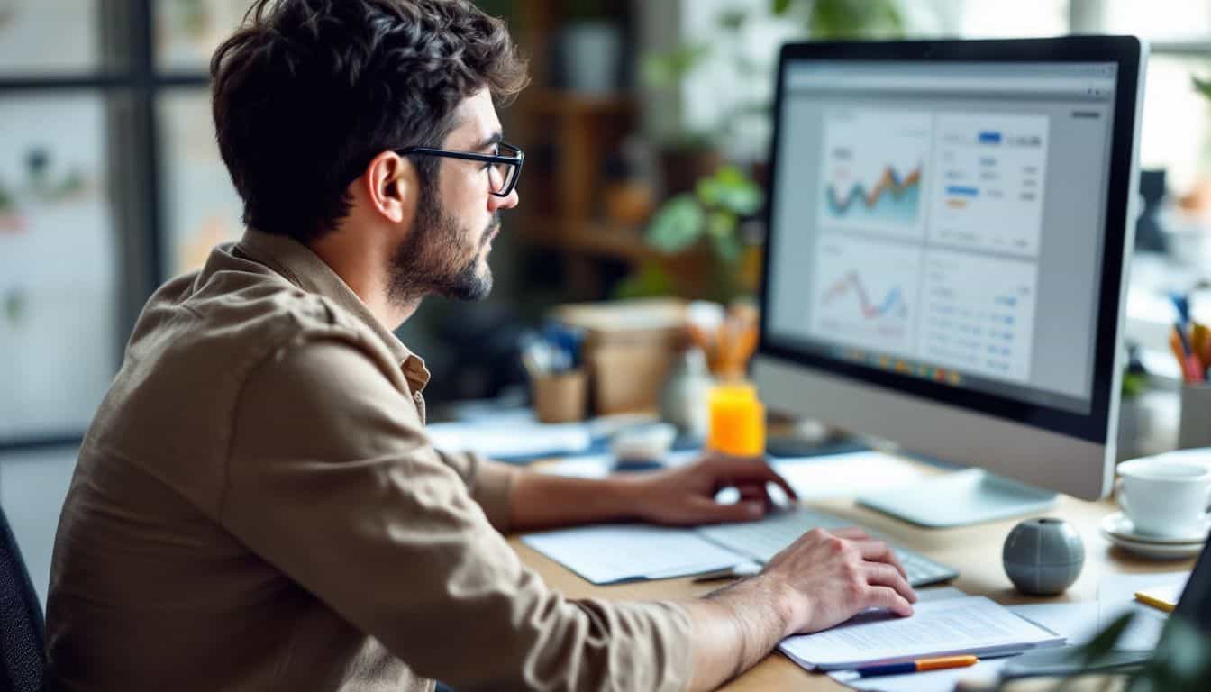 A small business owner analyzing sales data using Thinkific's analytics tools. A small business owner analyzing sales data using Thinkific's analytics tools.