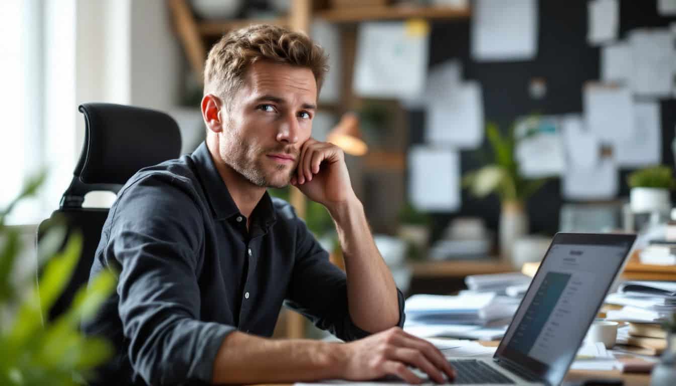 A man is sitting at a cluttered desk, looking at his laptop. A man is sitting at a cluttered desk, looking at his laptop.