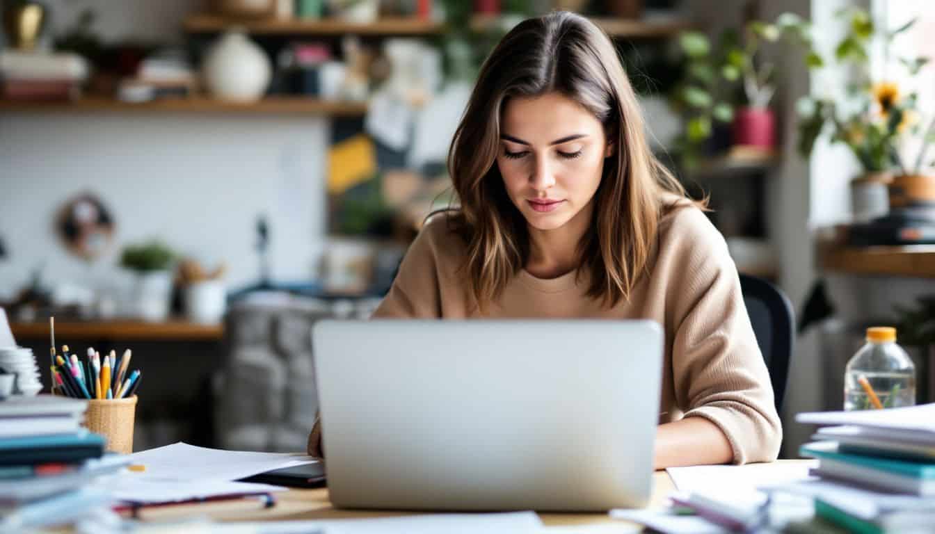 A woman compares online course platforms in a cluttered home office. A woman compares online course platforms in a cluttered home office.