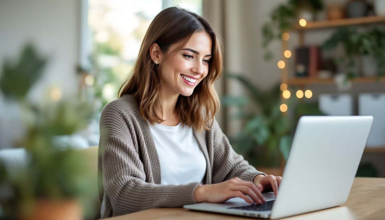 A woman in her thirties works in a cozy home office. A woman in her thirties works in a cozy home office.