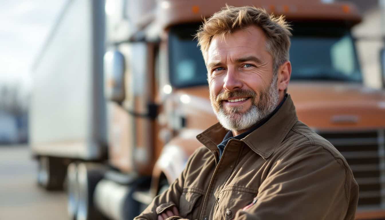 A confident truck driver stands in front of his Freightliner Cascadia.
