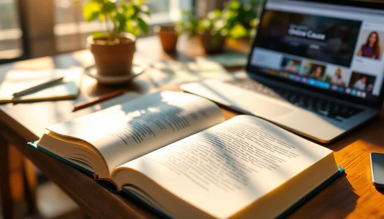 A cozy home office with open book, laptop, and study notes. A cozy home office with open book, laptop, and study notes.