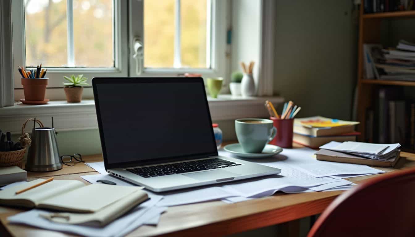 An open laptop sits on a cluttered desk with notes and textbooks. An open laptop sits on a cluttered desk with notes and textbooks.