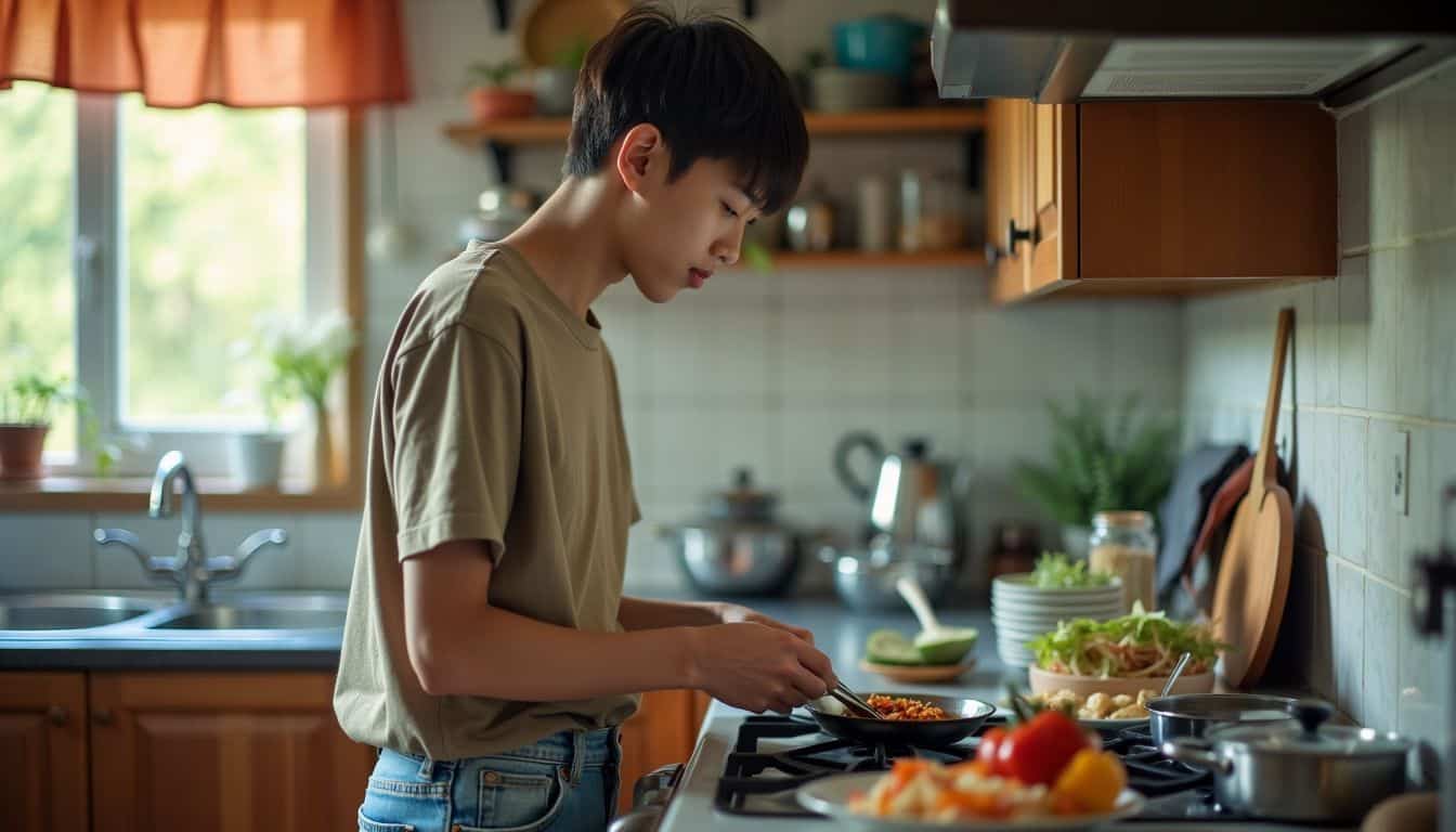A young adult preparing a simple meal in a cluttered kitchen. A young adult preparing a simple meal in a cluttered kitchen.