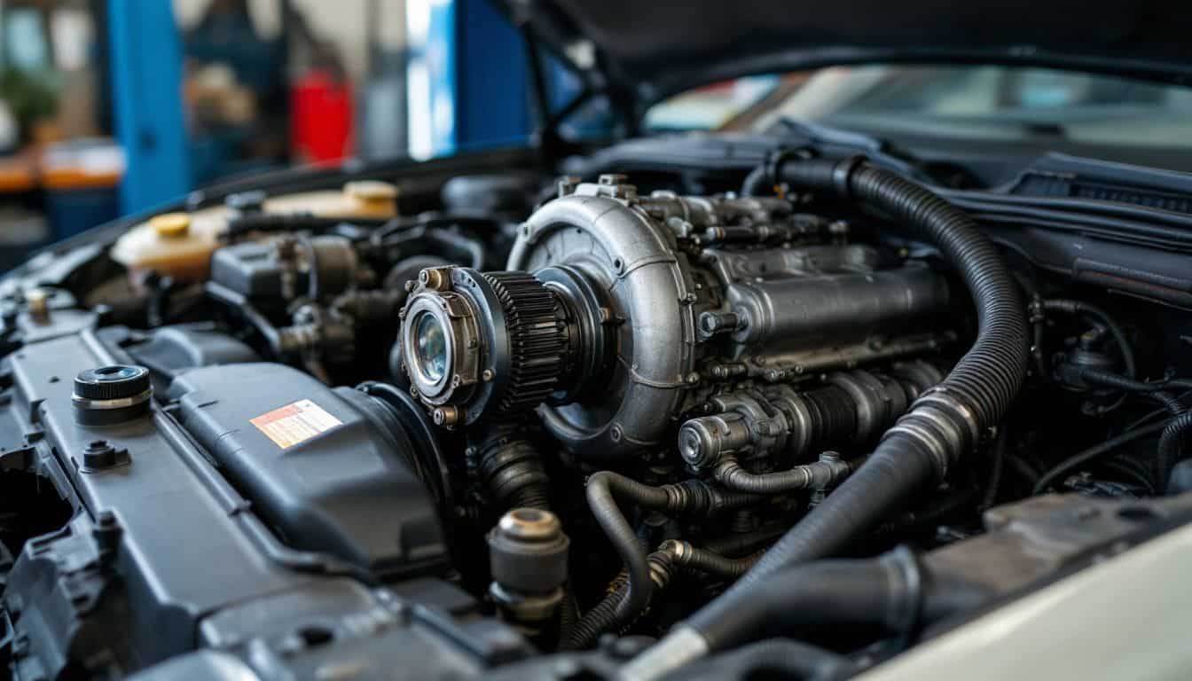 A close-up photo of a car's engine in a mechanic's workshop.