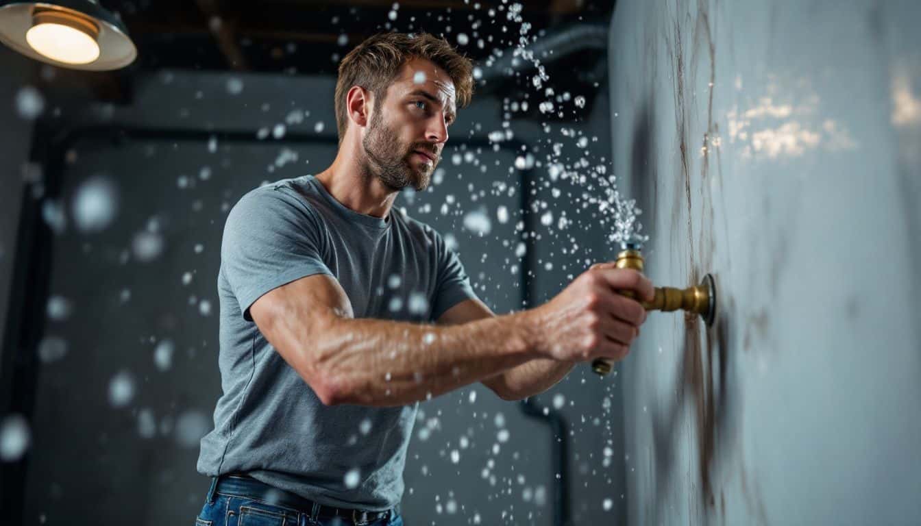 A man hastily turns off main water valve to stop burst pipe.