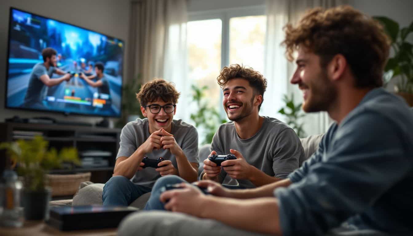 Four teenage boys enjoying multiplayer video games in a cozy living room. Four teenage boys enjoying multiplayer video games in a cozy living room.