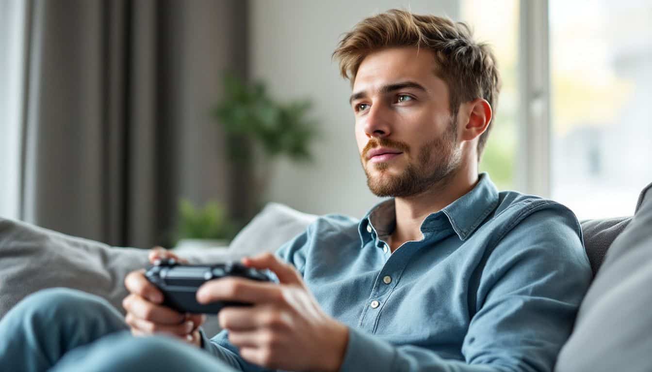 A young man sits on a couch, focused on playing a video game. A young man sits on a couch, focused on playing a video game.