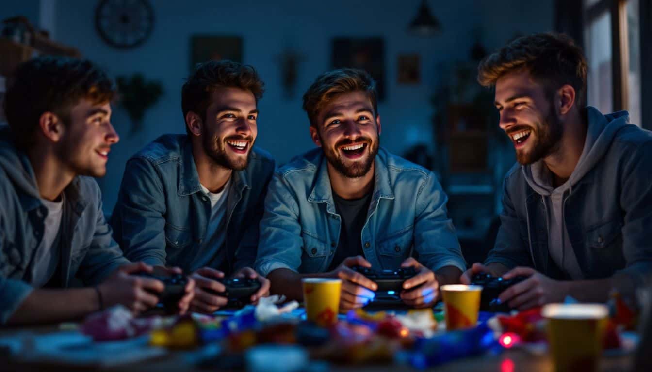 Four gamers playing cooperatively around a cluttered table with gaming equipment. Four gamers playing cooperatively around a cluttered table with gaming equipment.